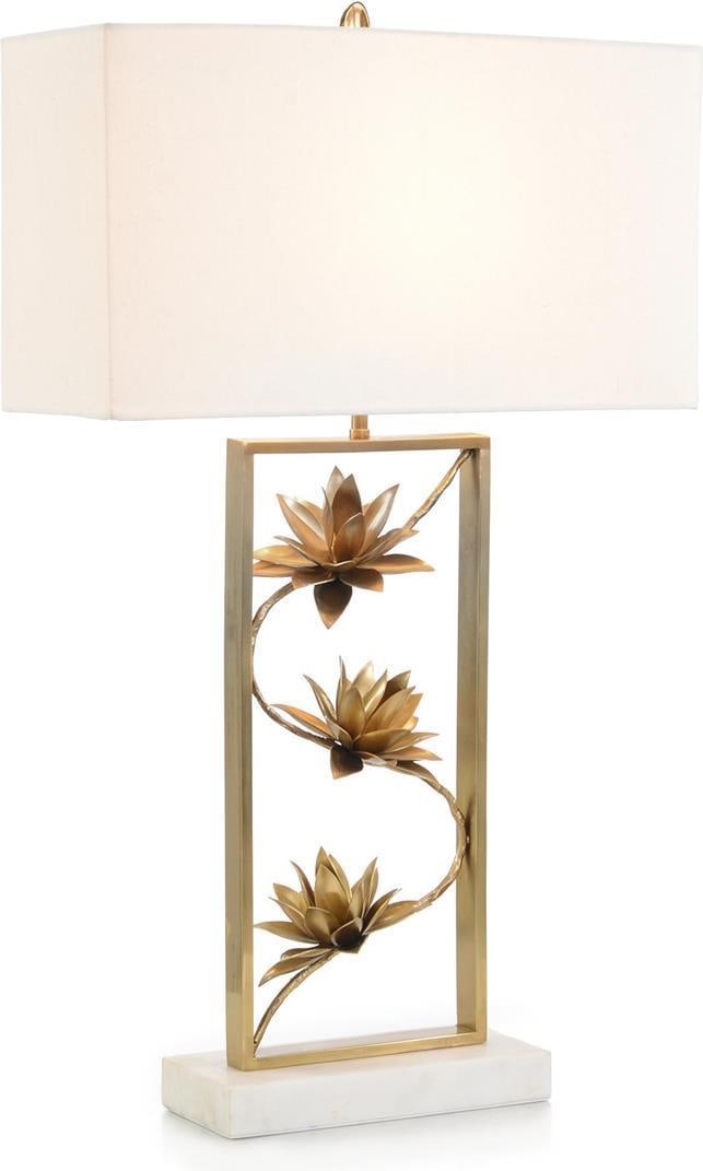 John-Richard Pianta Brass Floral Table Lamp with White Shade: John-Richard Pianta Brass Floral Table Lamp with White Shade Illuminate your space with the elegant Pianta Brass Floral Lamp, featuring a stunning combination of materials and a stylish design. Standi