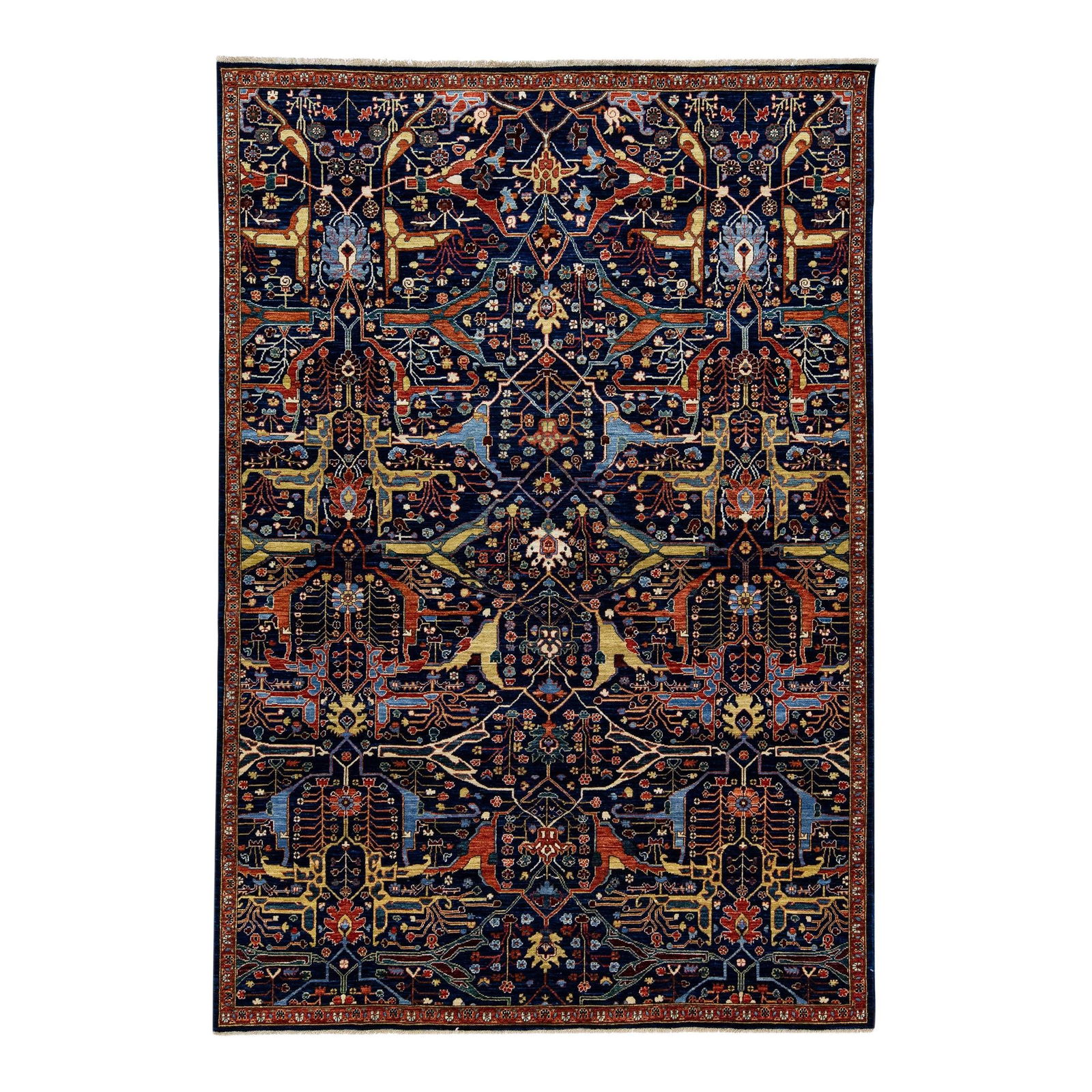 Handmade Modern Bidjar Style Dark Blue Wool Rug 6'3 x 9'2: Handmade Modern Bidjar Style Dark Blue Wool Rug 6'3 x 9'2 This exquisite handmade rug showcases a modern Bidjar style with a rich dark blue field. It features a stunning geometric floral pattern highl