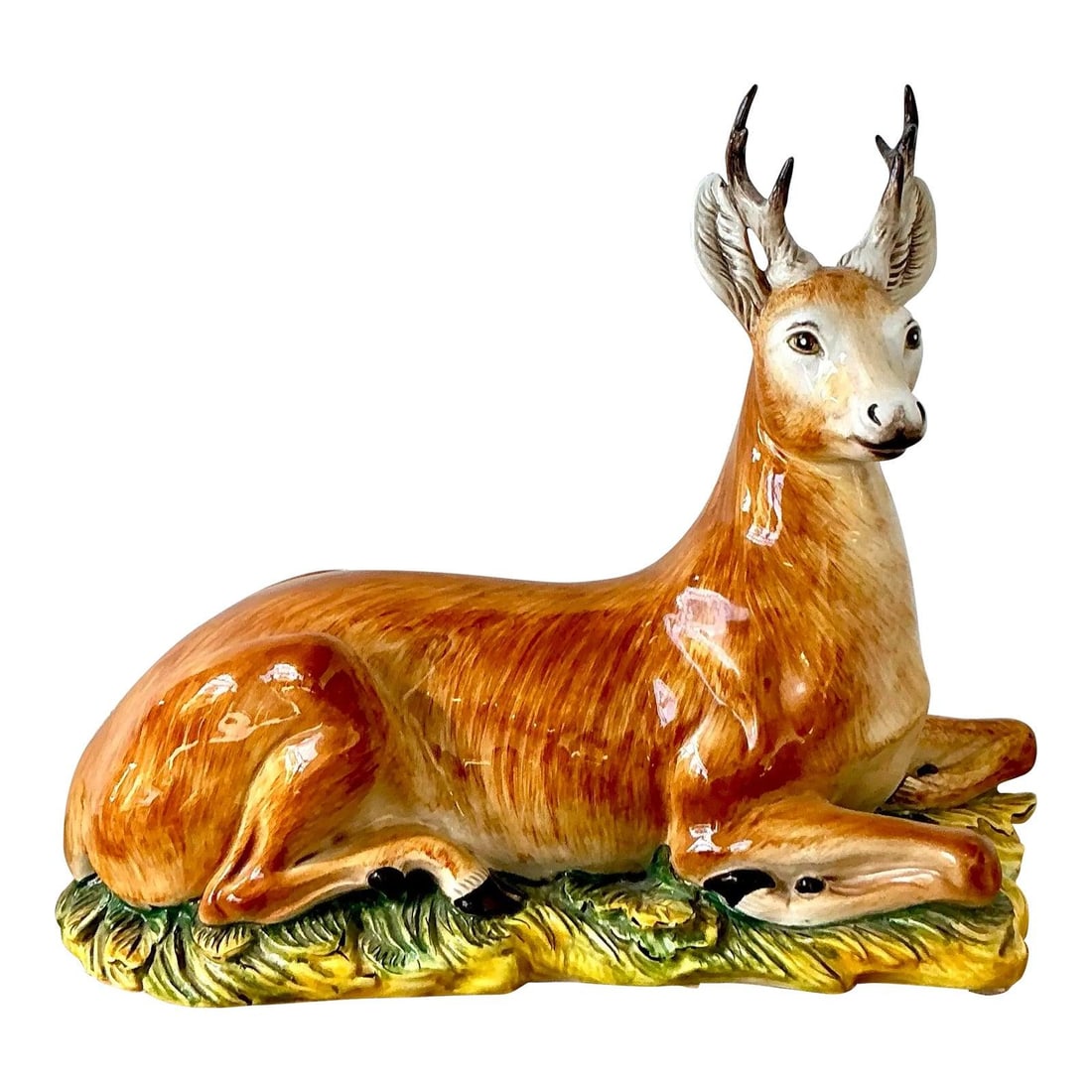 Majolica Style Italian Glazed Ceramic Reclining Deer Sculpture Vintage 17.5" (1 of 9)