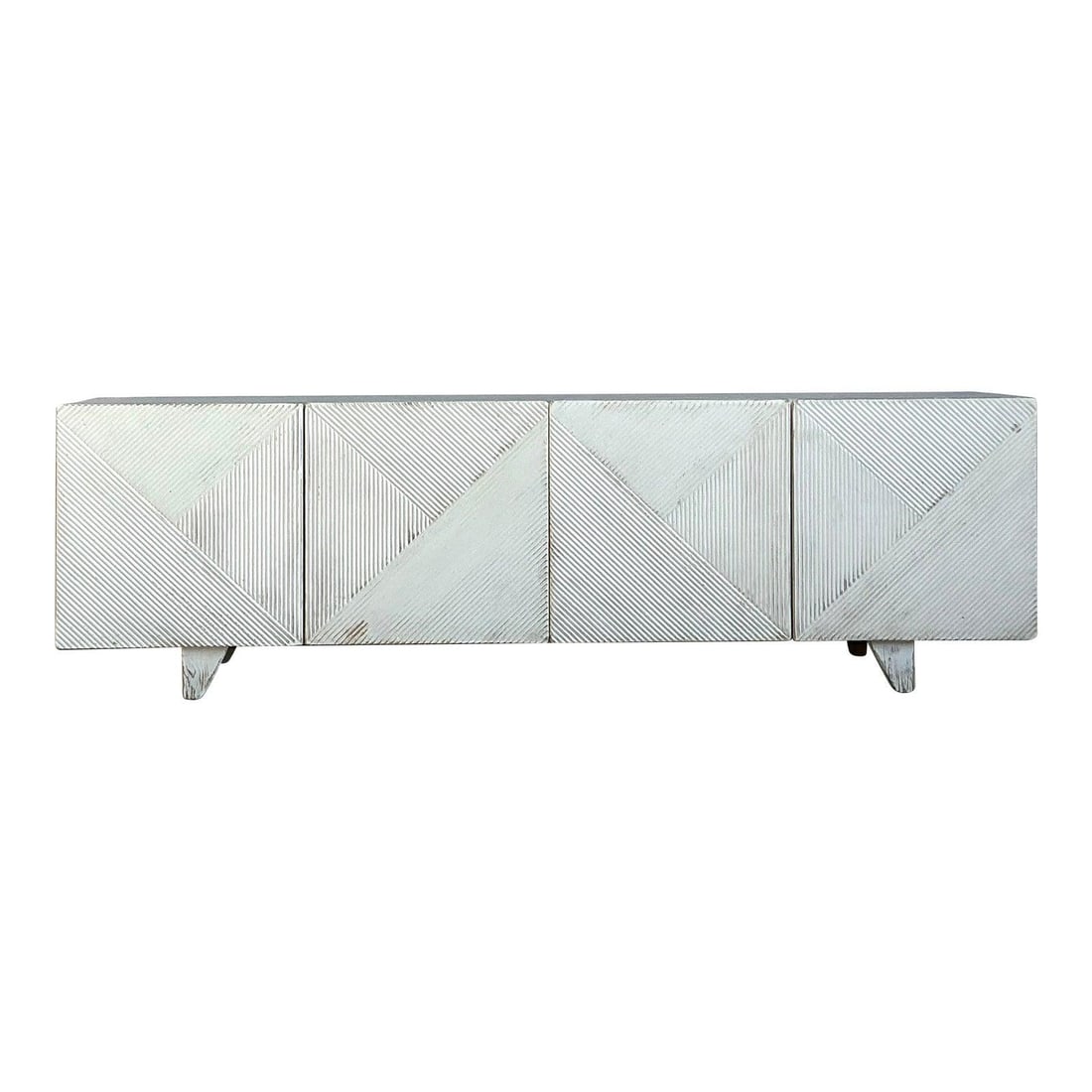 White Chevron Pattern Postmodern Credenza With Sculpted Geometric Doors: White Chevron Pattern Postmodern Credenza With Sculpted Geometric Doors This vintage Sarreid credenza embodies Postmodern style with its bold geometric chevron pattern and textured, deeply grooved doo