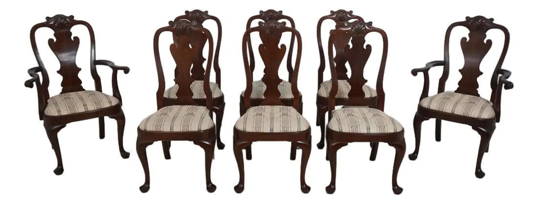 Set of 8 Stickley Cherry Dining Chairs Queen Anne Style: Set of 8 Stickley Cherry Dining Chairs Queen Anne Style Enhance your dining experience with this exquisite set of 8 Stickley Cherry Philadelphia Dining Chairs, crafted around 1989. Featuring a rich,