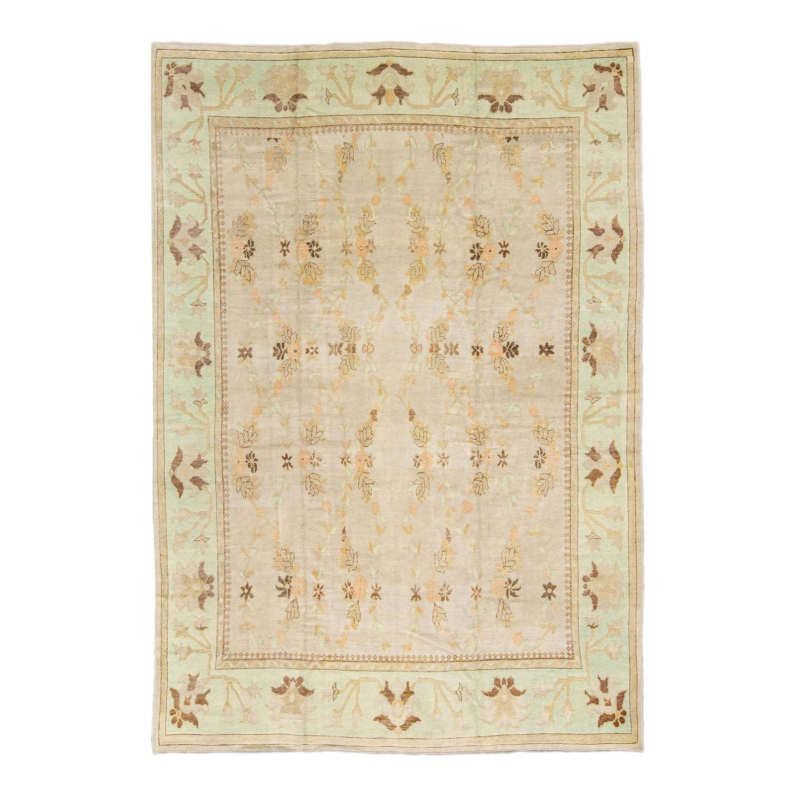 Elegant Modern Turkish Oushak Handmade Wool Rug 10' x 14'9" Floral Motif: Elegant Modern Turkish Oushak Handmade Wool Rug 10' x 14'9" Floral Motif Enhance your living space with this exquisite Modern Turkish Oushak Handmade Floral Motif Rug. Crafted with care, this