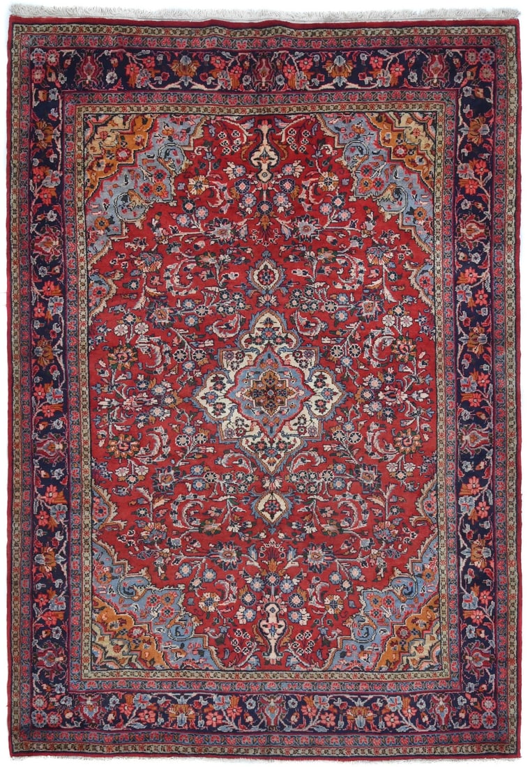 Vintage 6'4 x 9'10 Wool Tribal Floral Area Rug Western Asia Hand-Knotted Carpet: Vintage 6'4 x 9'10 Wool Tribal Floral Area Rug Western Asia Hand-Knotted Carpet This handmade vintage area rug features a red, navy blue, sky blue, ivory, and golden tan color palette with a tribal