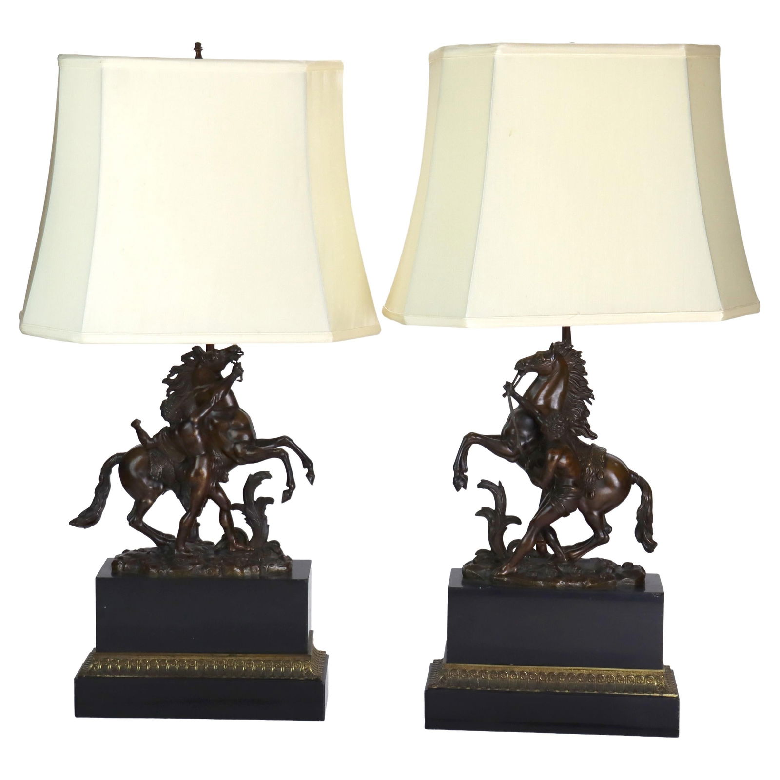 Pair of Bronze Neoclassical Horsemen Lamps with Slate Bases Circa 1890 (1 of 13)