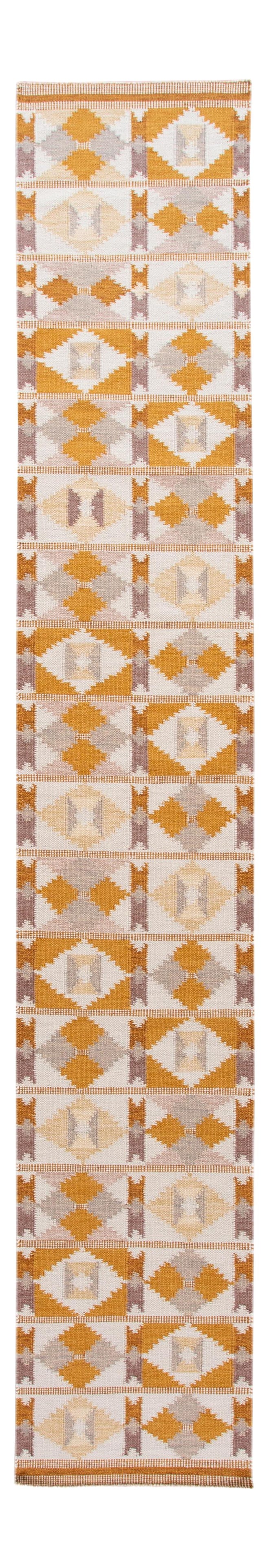 Contemporary Swedish Wool Runner Rug 3'8 x 20 Ivory Geometric Design: Contemporary Swedish Wool Runner Rug 3'8 x 20 Ivory Geometric Design Enhance your space with this beautiful contemporary Swedish-style runner rug. Hand knotted from high-quality wool, it features an e