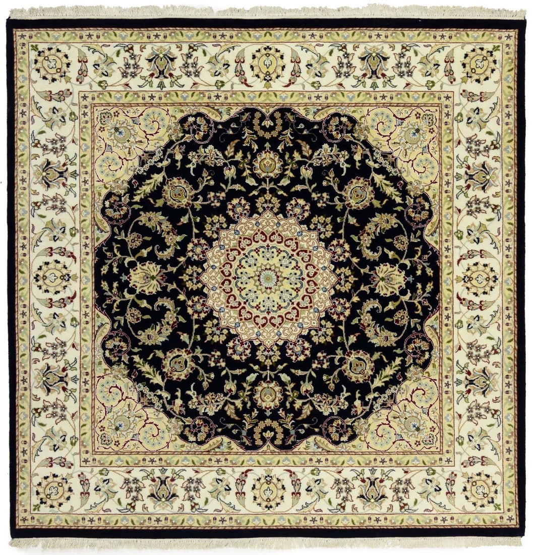 Handmade Navy Floral Square Rug 6'1 x 6'1 Wool Silk: Handmade Navy Floral Square Rug 6'1 x 6'1 Wool Silk Enhance your living space with this exquisite Handmade Navy Floral Classic Indo-Nain Square Rug. Measuring 6'1" x 6'1", this elegant area rug featur