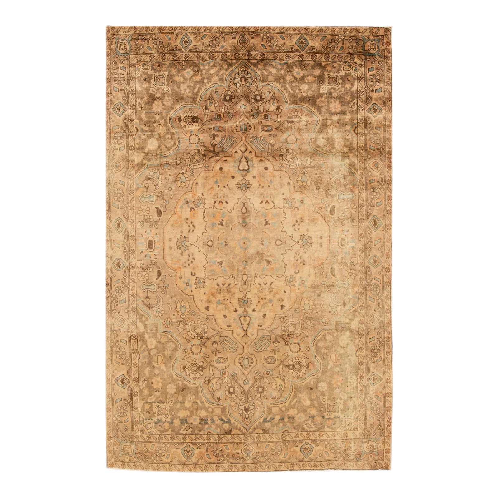 Vintage Tabriz Hand-Knotted Beige Floral Wool Rug 6'10 X 10'1 (1 of 8)