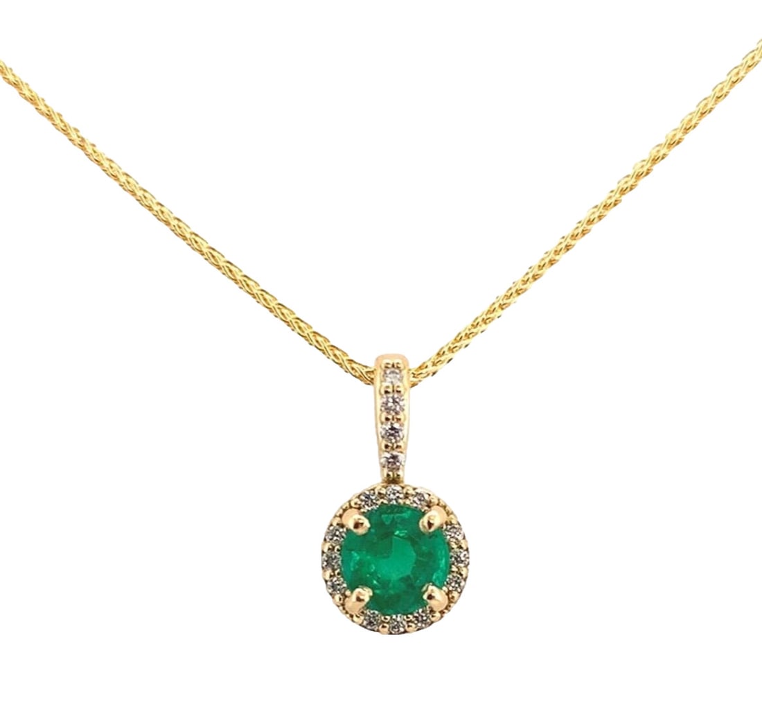 18k Gold Emerald Diamond Halo Pendant Necklace 0.40ct with 18" Chain (1 of 8)