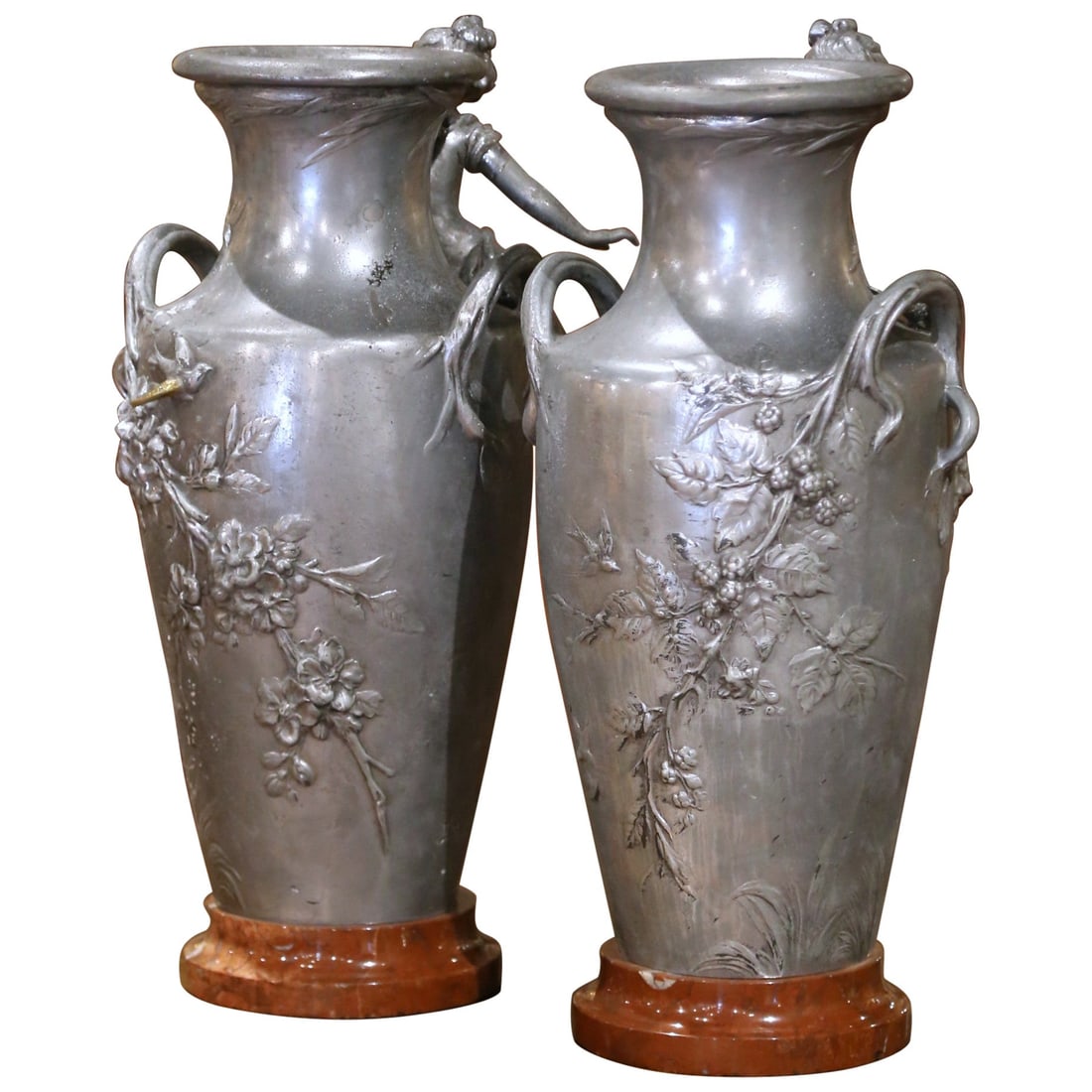 Set of 2 19th Century Neoclassical French Pewter Vases with Marble Bases (1 of 16)