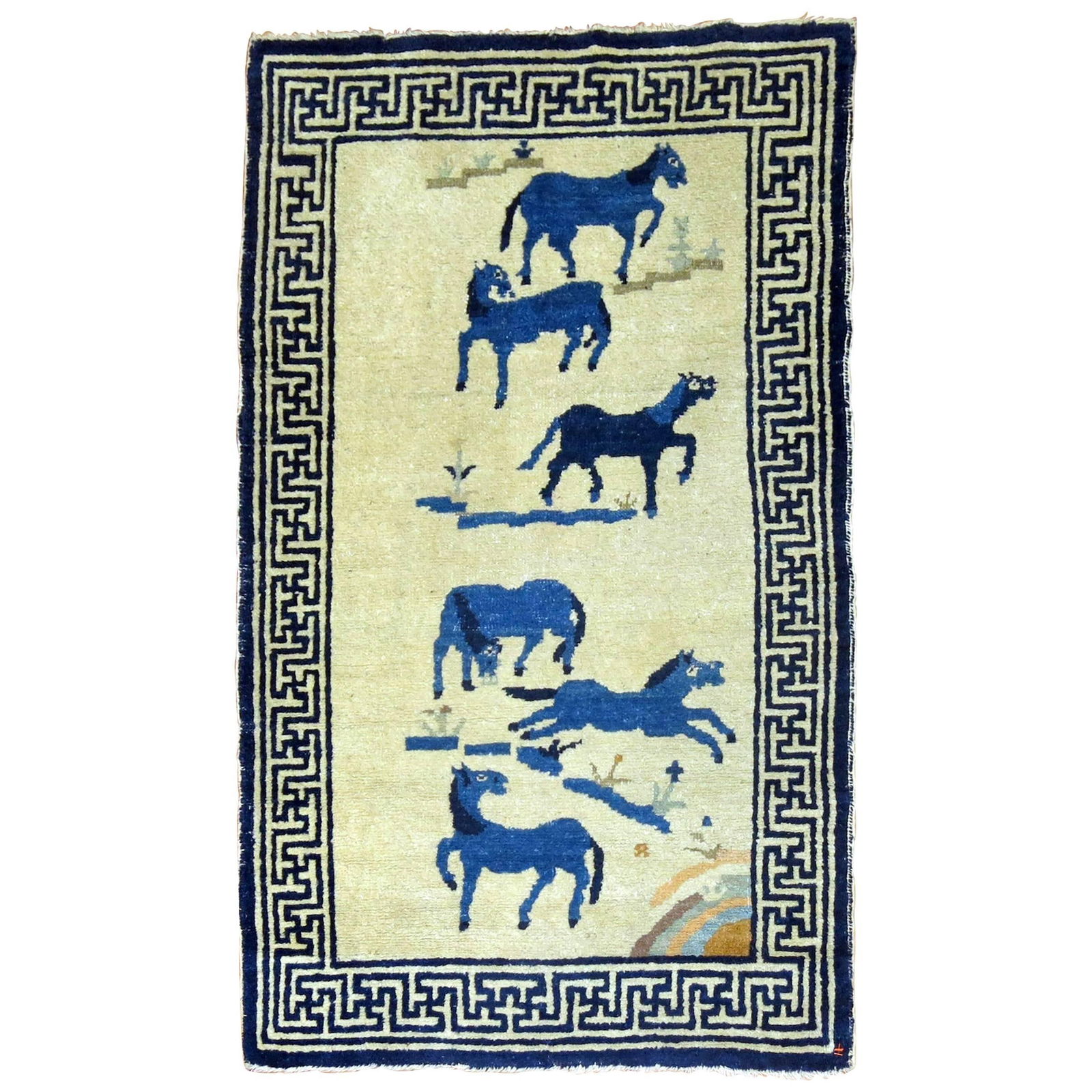Antique Chinese Expressionist Rug with Blue Horses 26 x 45: Antique Chinese Expressionist Rug with Blue Horses 26 x 45 This exquisite early 20th century Chinese pictorial rug features a captivating design of six blue horses gracefully depicted against an ivory