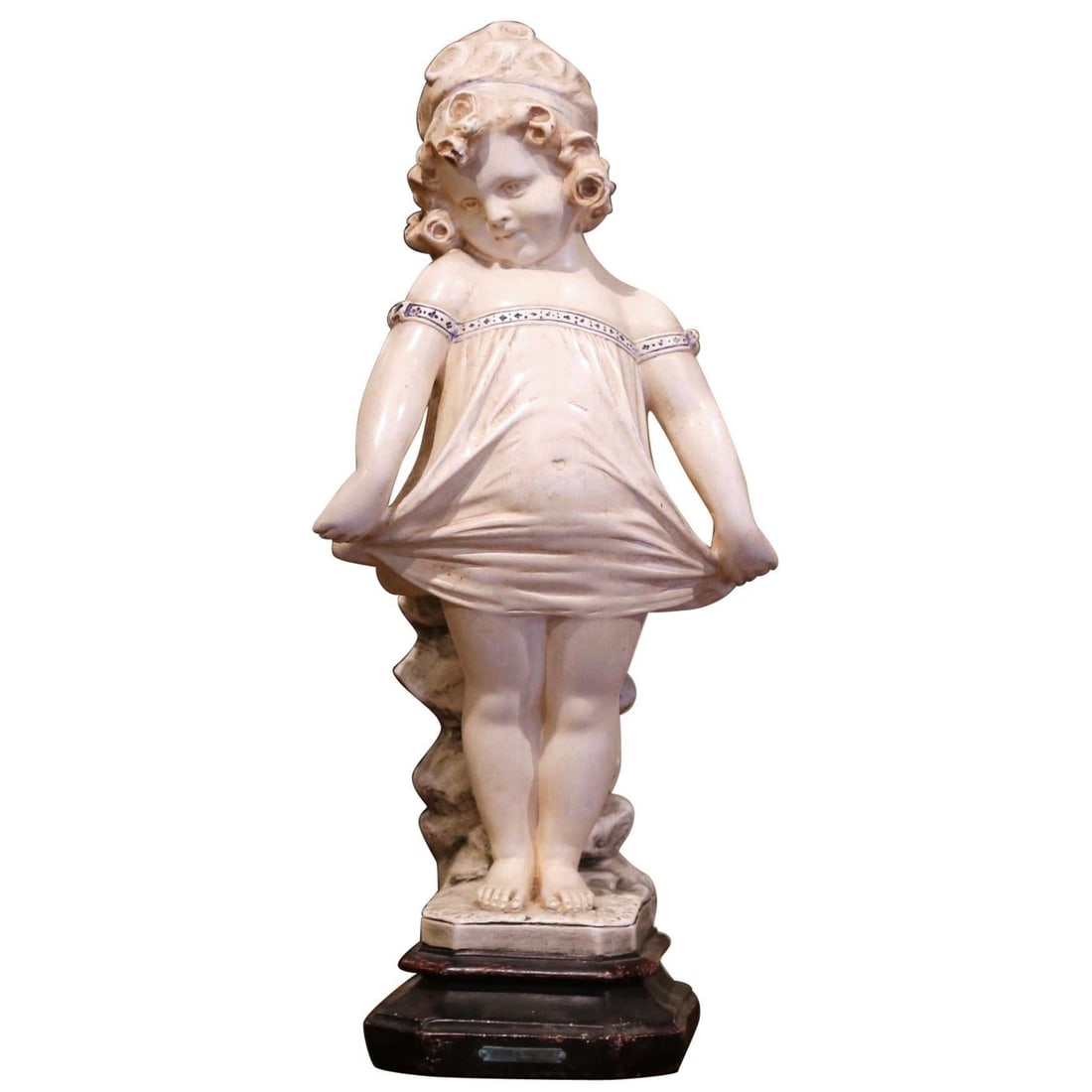 19th Century French Plaster Statue of Young Girl After Donatello: 19th Century French Plaster Statue of Young Girl After Donatello This exquisite 19th Century French handcrafted plaster statue depicts a young girl proudly displaying her new dress. Crafted in France