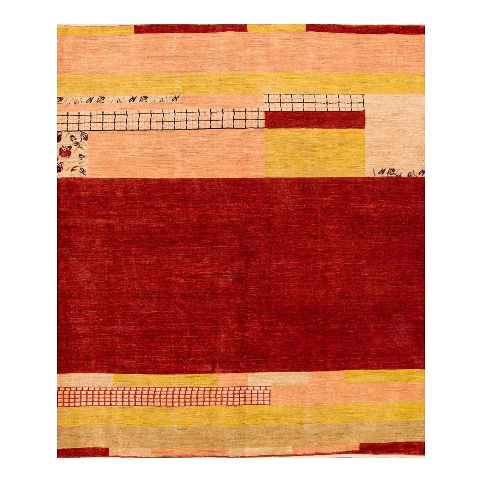 Handmade Modern Persian Gabbeh Red Wool Rug 6' X 7'3" Art Deco Design: Handmade Modern Persian Gabbeh Red Wool Rug 6' X 7'3" Art Deco Design This exquisite Modern Persian Gabbeh rug showcases a stunning red field, intricately hand-knotted from high-quality wool. The desi