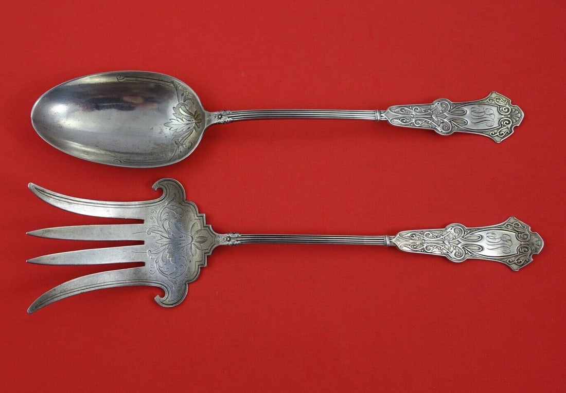 Whiting Alhambra Sterling Silver Salad Serving Set 2pc Brite-Cut 11 inch (1 of 2)