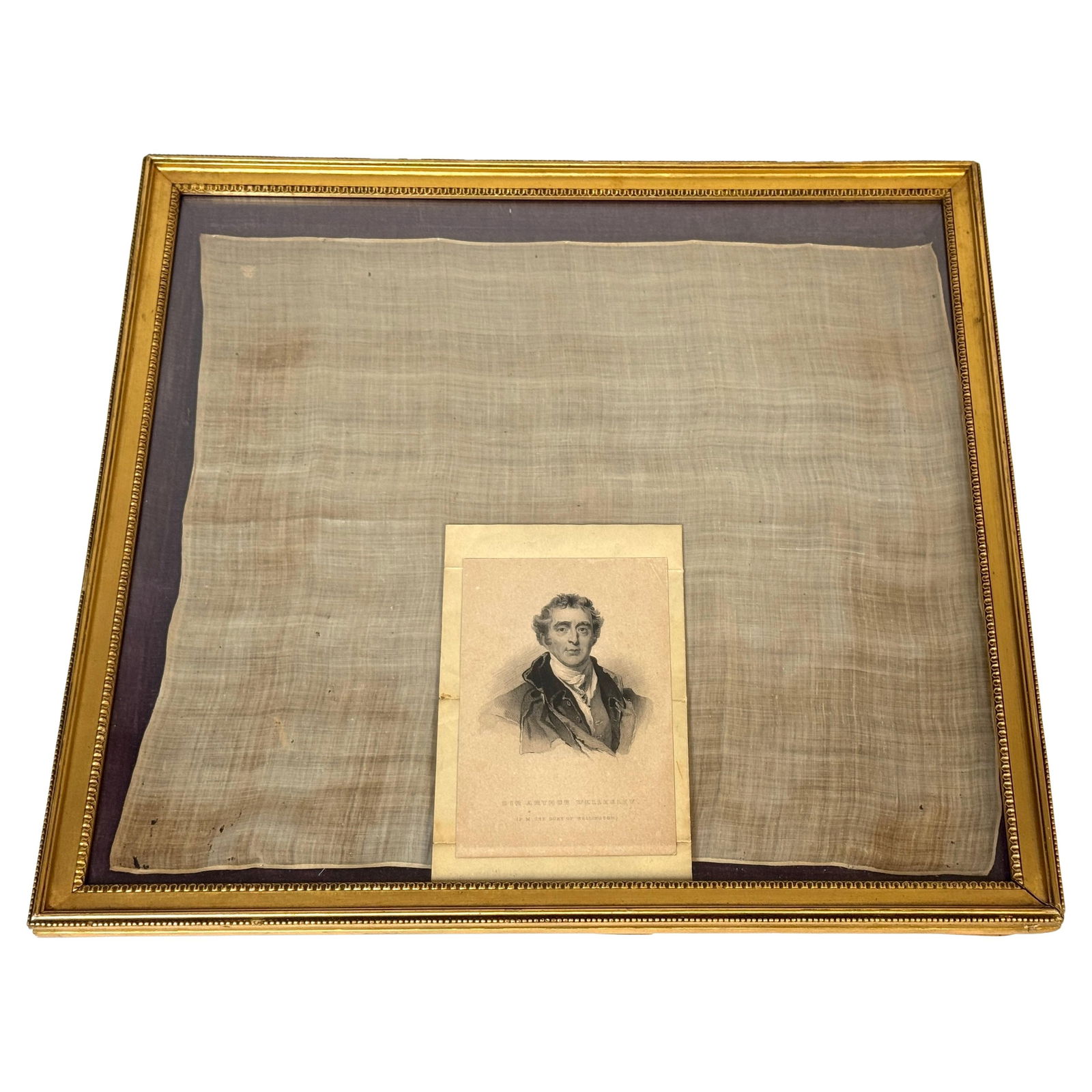 Duke of Wellington Framed Silk Handkerchief with Provenance Letter: Duke of Wellington Framed Silk Handkerchief with Provenance Letter This exquisite framed silk handkerchief, attributed to Sir Arthur Wellesley, 1st Duke of Wellington, is a rare artifact dating back t