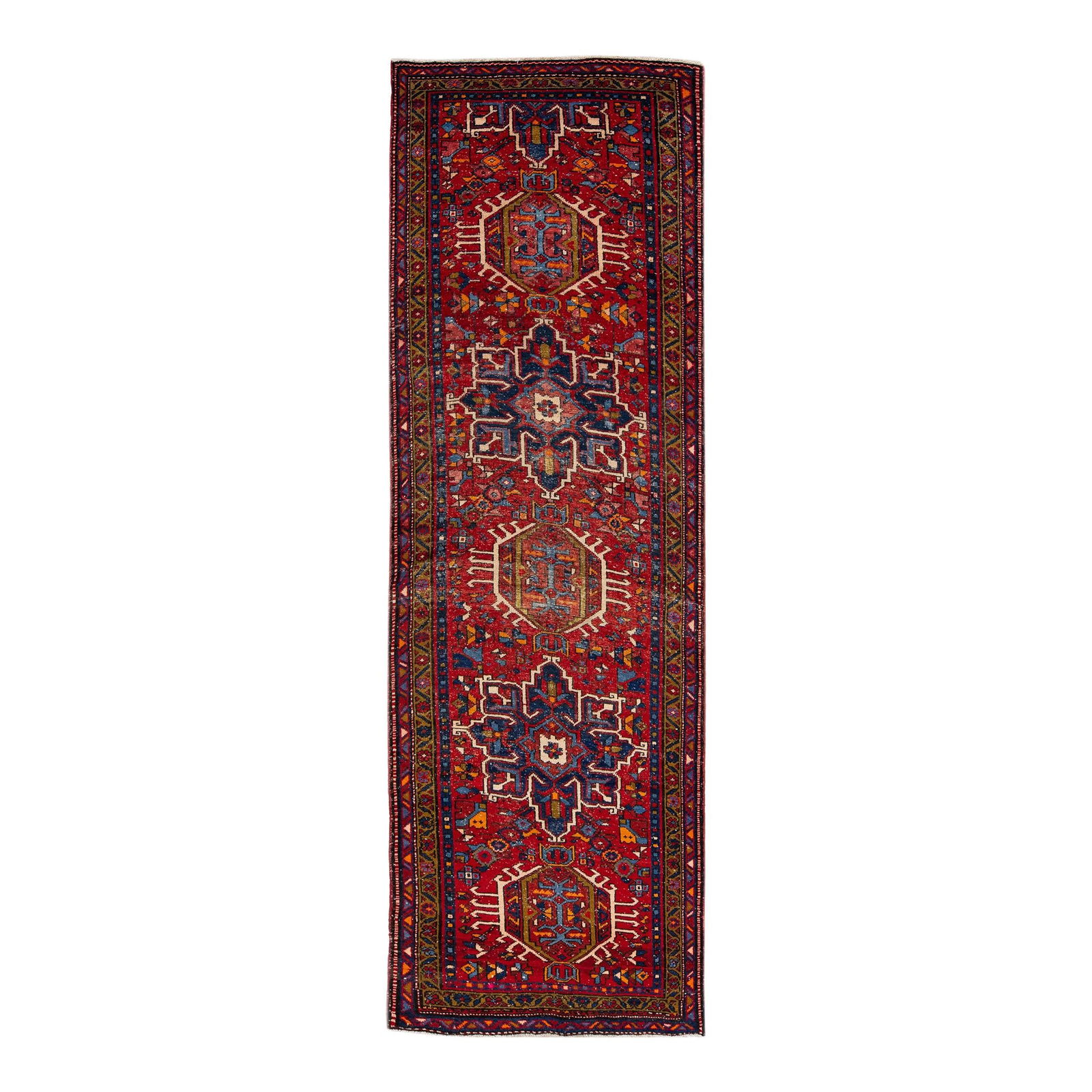 Vintage Persian Heriz Red Medallion Wool Runner 3'4 x 11: Vintage Persian Heriz Red Medallion Wool Runner 3'4 x 11 This exquisite vintage Persian Heriz runner showcases a stunning hand-knotted wool construction with a vibrant red field. It features a