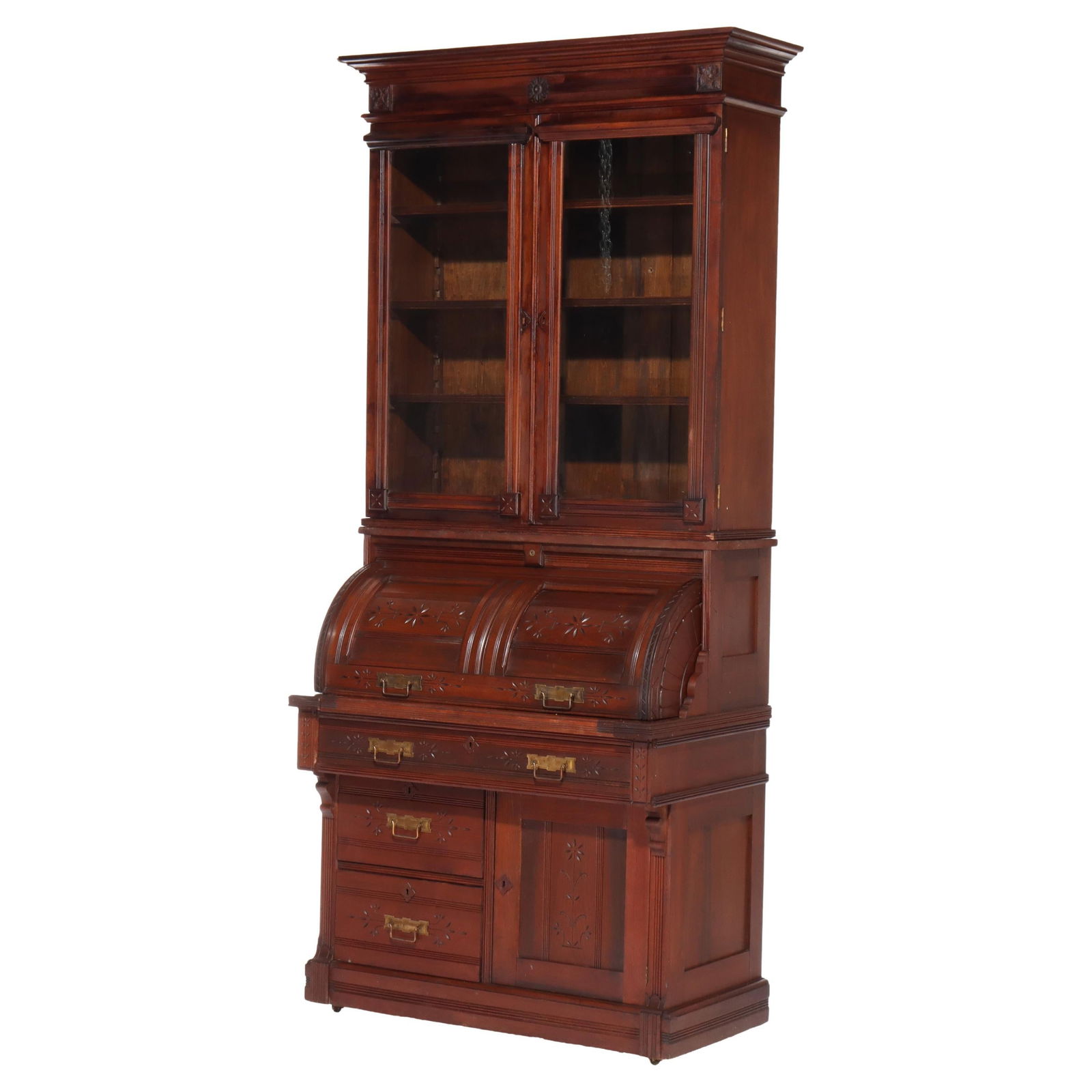 Antique Eastlake Walnut Barrel Roll Cylinder Secretary Desk C1890: Antique Eastlake Walnut Barrel Roll Cylinder Secretary Desk C1890 This exquisite Antique Eastlake Chip Carved Walnut Barrel Roll Cylinder Secretary Desk, crafted around 1890, embodies the intricate cr