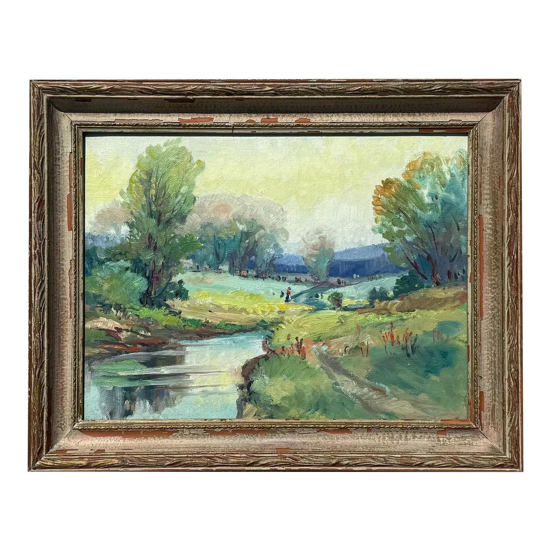Impressionist River Scene Oil Painting with Framed Female Figure (1 of 5)
