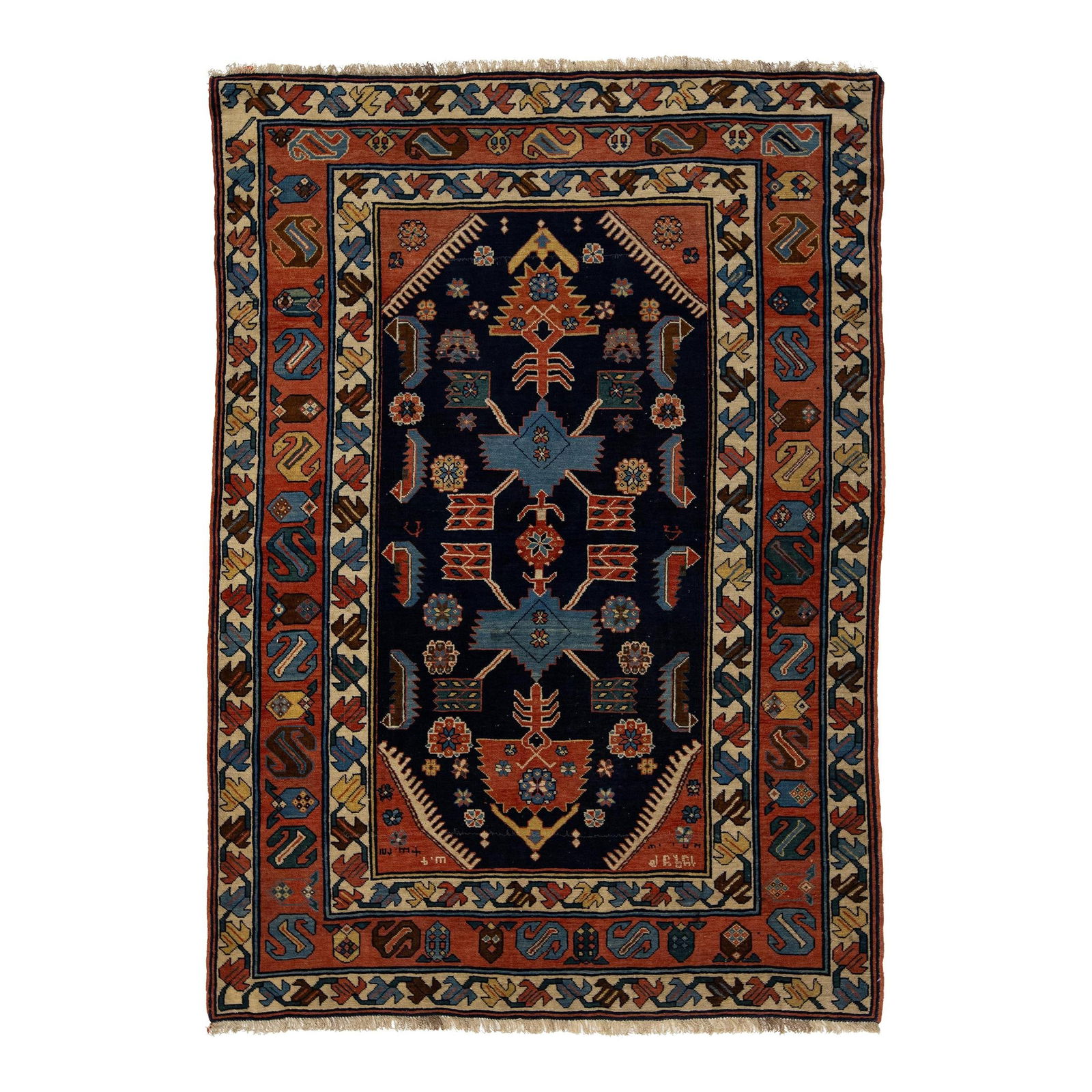 Antique Persian Hamadan Geometric Wool Rug Navy Blue 4'5" x 6'8": Antique Persian Hamadan Geometric Wool Rug Navy Blue 4'5" x 6'8" Discover the charm of this antique Hamadan hand-knotted wool rug, beautifully crafted with a rich navy blue field. The rug features vib