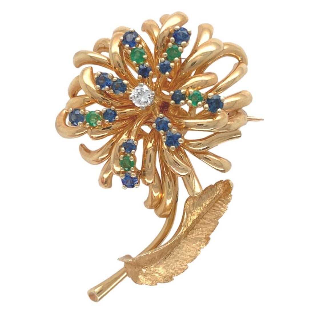 Dan Frere 14k Gold Diamond Sapphire Emerald Floral Pin GIA Certified (1 of 10)