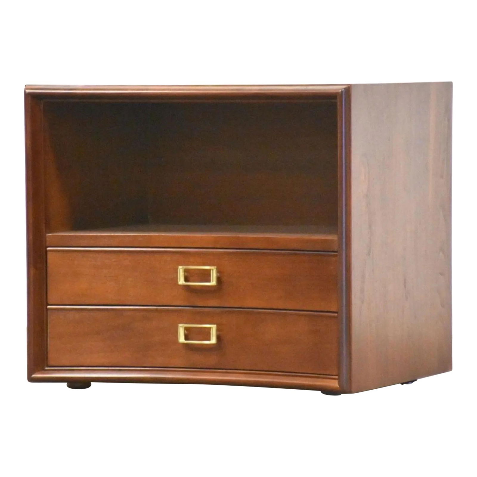 Paul Frankl Mid Century Walnut Nightstand with Brass Pull: Paul Frankl Mid Century Walnut Nightstand with Brass Pull This exquisite mid-century modern nightstand, designed by Paul Frankl for Johnson Furniture, features a single drawer with elegant brass hardw