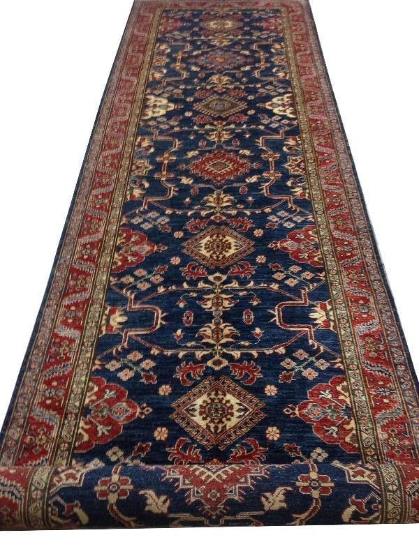 Handcrafted 4' x 18.9' Royal Blue Super Kazak Rug: Handcrafted 4' x 18.9' Royal Blue Super Kazak Rug Free continental US Shipping Introducing the exquisite 4' x 18.9' Royal Blue Super Kazak Rug, a stunning blend of traditional craftsmanship and modern