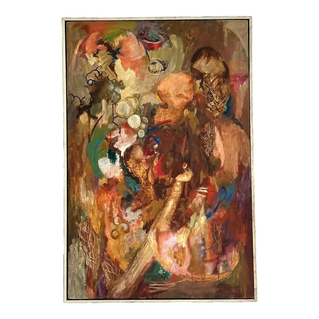 Original Abstract Expressionist Oil Painting Framed Vertical Canvas Art 25 x 37: Original Abstract Expressionist Oil Painting Framed Vertical Canvas Art 25 x 37 This vintage abstract oil painting showcases dynamic brushwork and a rich, earthy color palette with ochres, deep reds,
