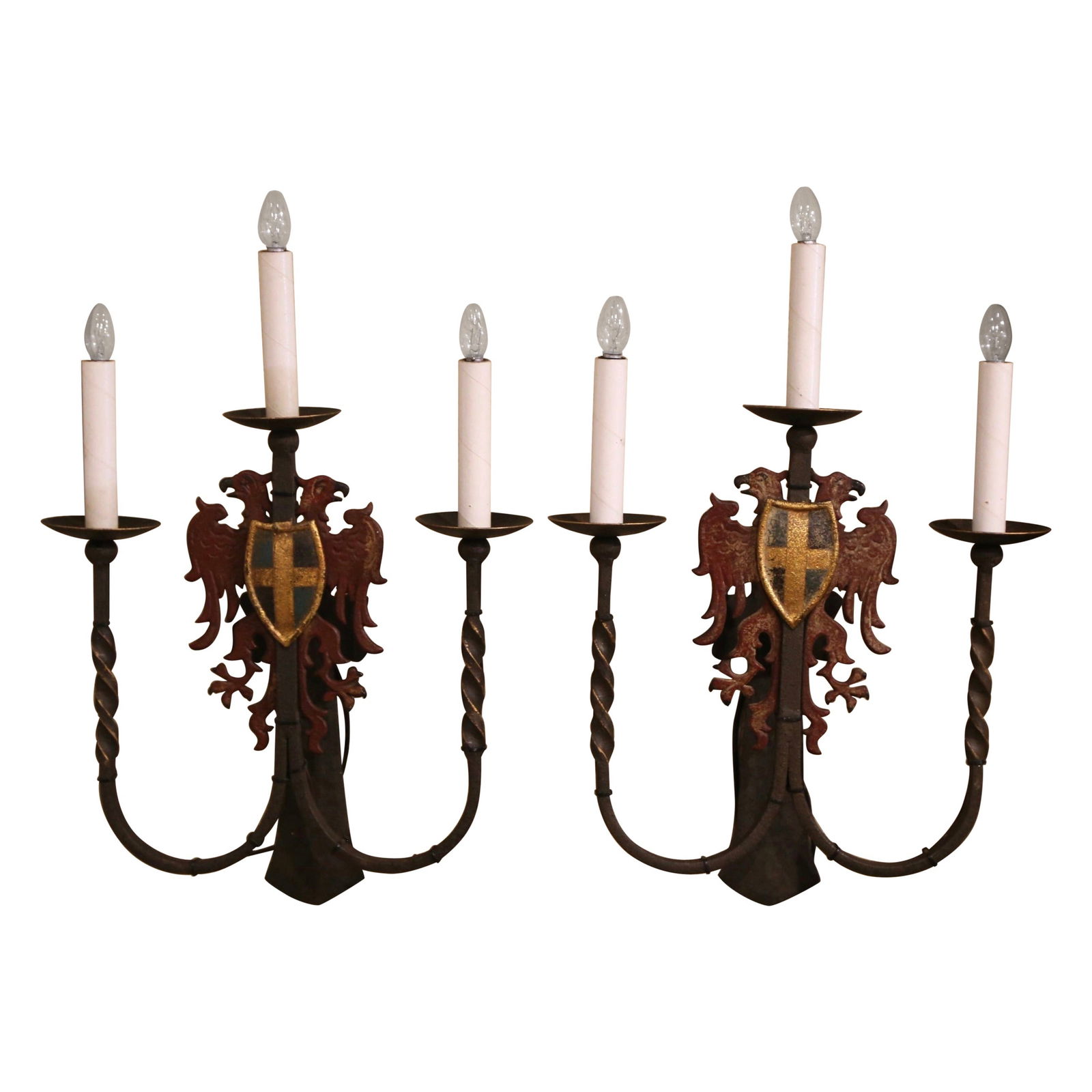 Exquisite Pair of 19th Century French Gothic Wrought Iron Wall Sconces Set of 2 (1 of 6)