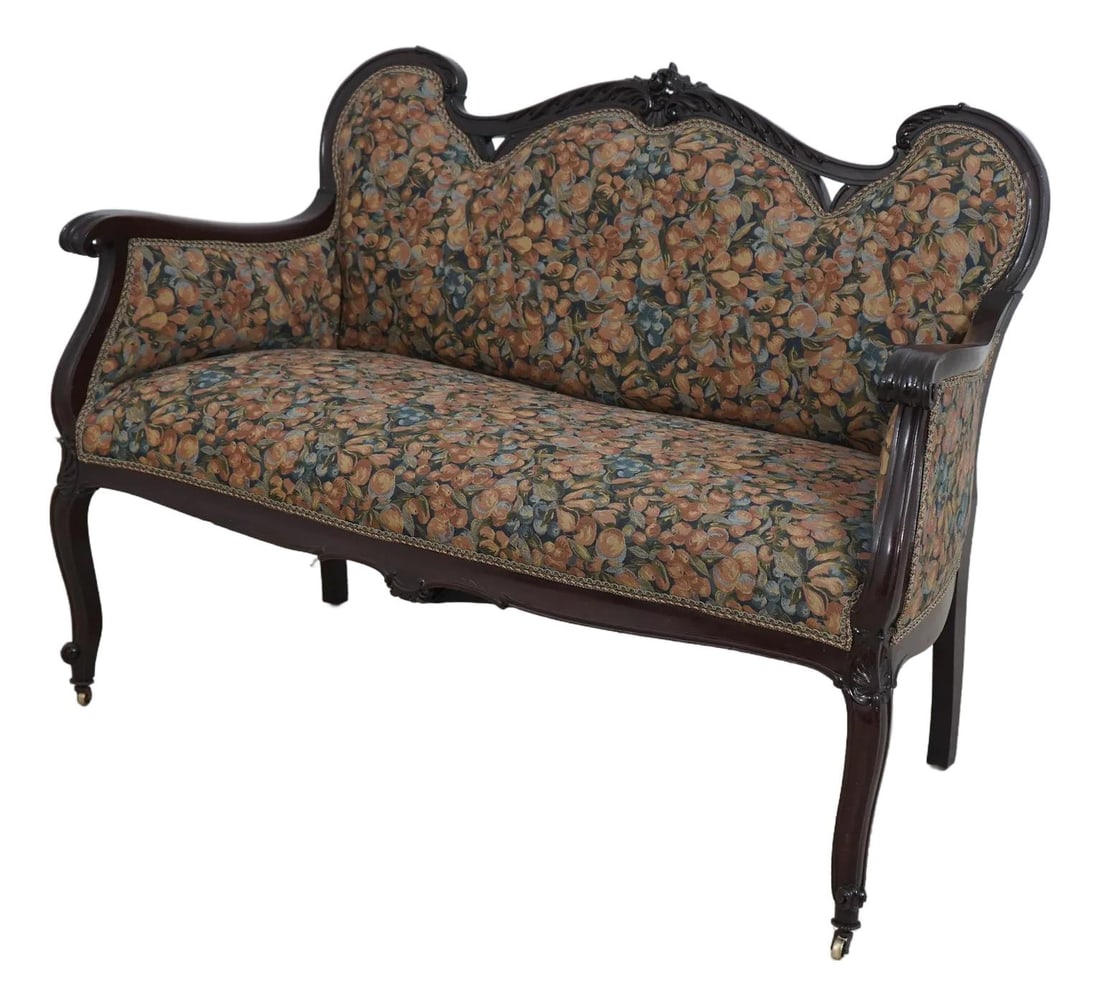 Vintage French Victorian Mahogany Settee Loveseat with Brass Casters (1 of 10)