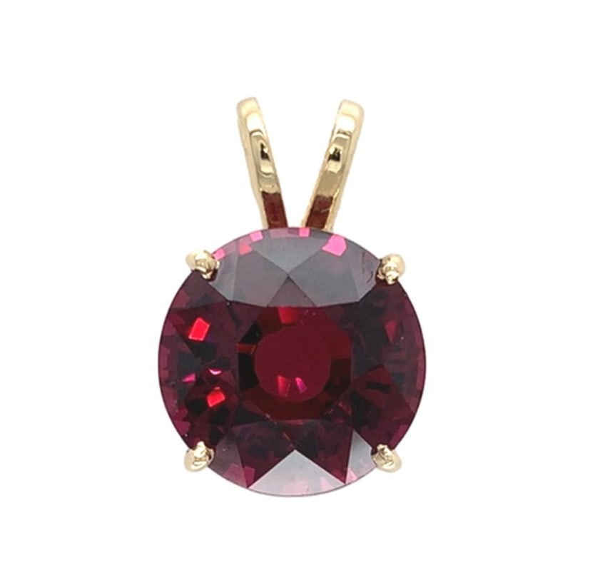14k Yellow Gold 4.54 Carat Raspberry-Red Garnet Pendant Authentic: 14k Yellow Gold 4.54 Carat Raspberry-Red Garnet Pendant Authentic This stunning pendant features a vibrant raspberry-red rhodolite garnet, expertly cut into a round shape and weighing 4.54 carats. Cra