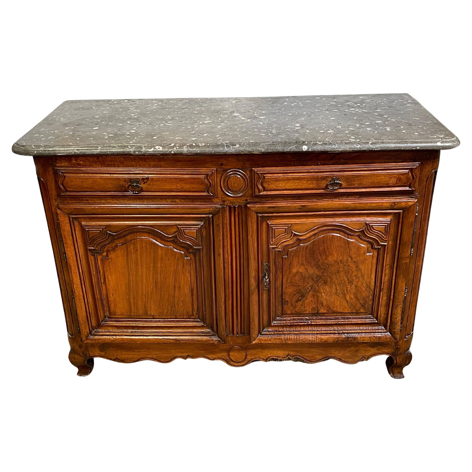 18th Century French Louis XV Buffet de Chasse with Black Shell Marble: 18th Century French Louis XV Buffet de Chasse with Black Shell Marble This exquisite 18th Century French Louis XV/Provincial Buffet showcases a stunning black shell marble top, making it a standout pi