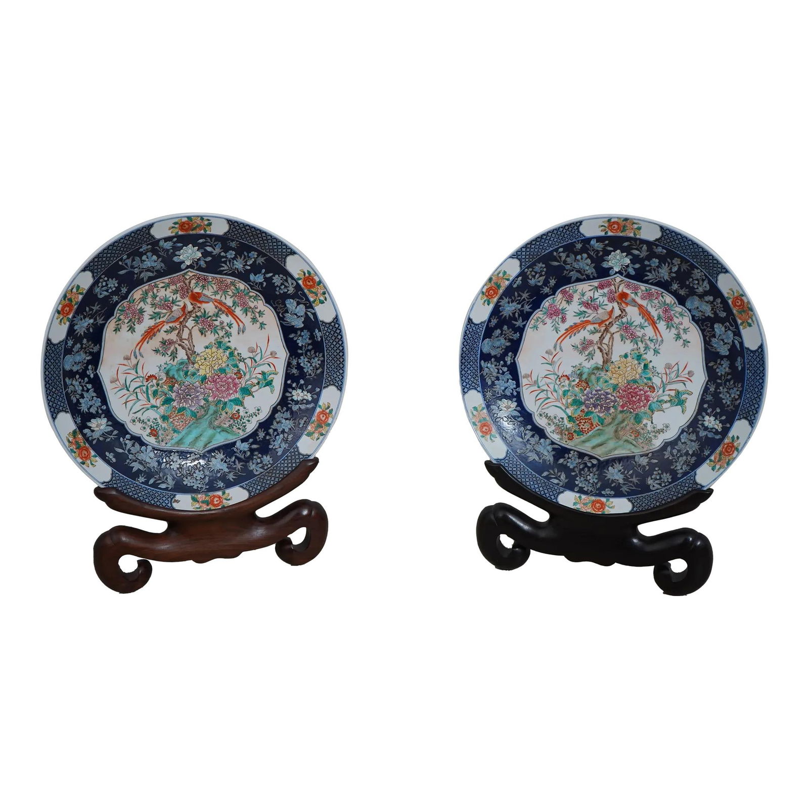 Stunning Pair of Early 20th Century Chinese Charger Bowls with Peacock Motif: Stunning Pair of Early 20th Century Chinese Charger Bowls with Peacock Motif This exquisite pair of early 20th century Chinese large charger bowls features a stunning peacock birds and flowers motif,