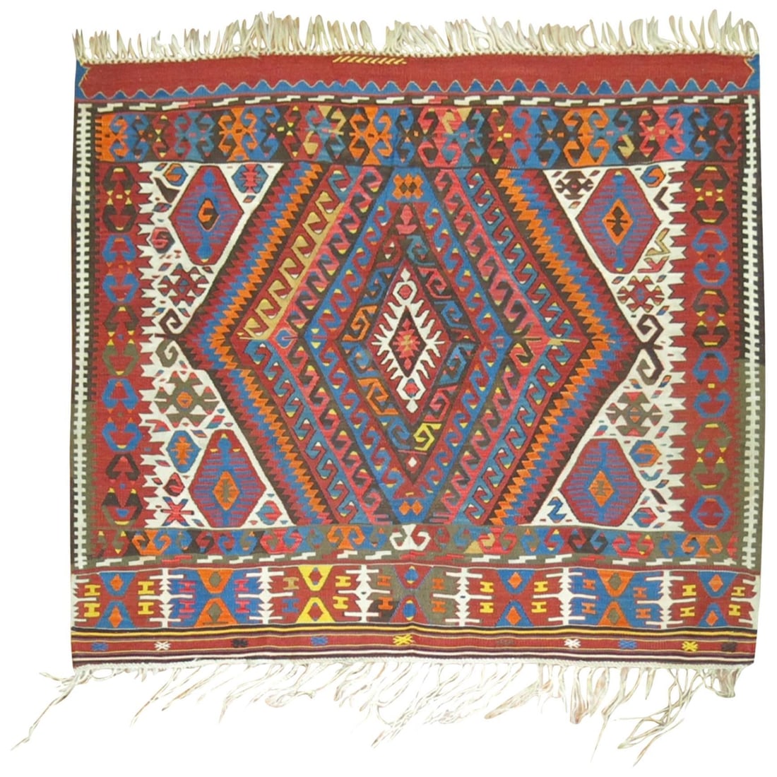 Vintage Hand-Woven Turkish Tribal Kilim Rug 52 x 62 in: Vintage Hand-Woven Turkish Tribal Kilim Rug 52 x 62 in Discover this exquisite Antique Square Turkish Tribal Kilim, a remarkable piece that showcases traditional craftsmanship from Turkey. Hand-woven