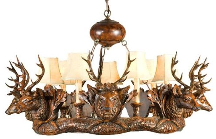 Rustic Lodge Style Chestnut Stag Bowl Chandelier with Faux Leather Shades: Rustic Lodge Style Chestnut Stag Bowl Chandelier with Faux Leather Shades This item is made at time of order. Please allow 42 to 70 days for production. Illuminate your space with this Rustic