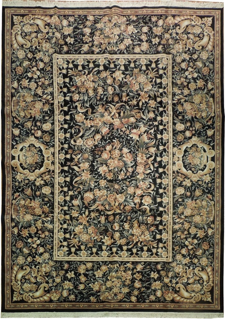 10' x 14' Handmade Black Aubusson Rug Quality Design: 10' x 14' Handmade Black Aubusson Rug Quality Design Free continental US Shipping Transform your living space with this exquisite handmade Aubusson rug, skillfully crafted in China. Designed to