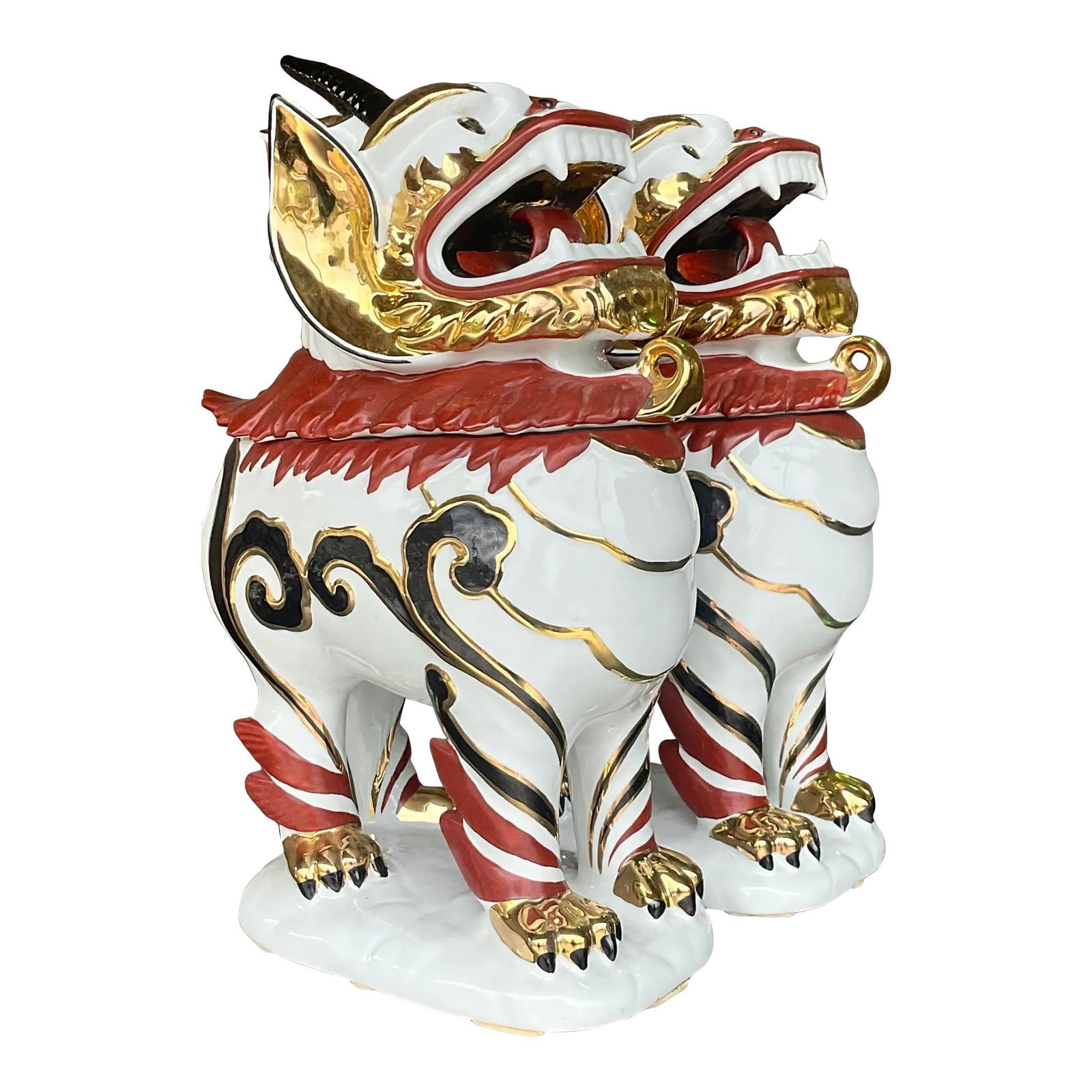 Vintage Italian Gilt Tipped Porcelain Foo Dogs Pair with Secret Storage (1 of 7)