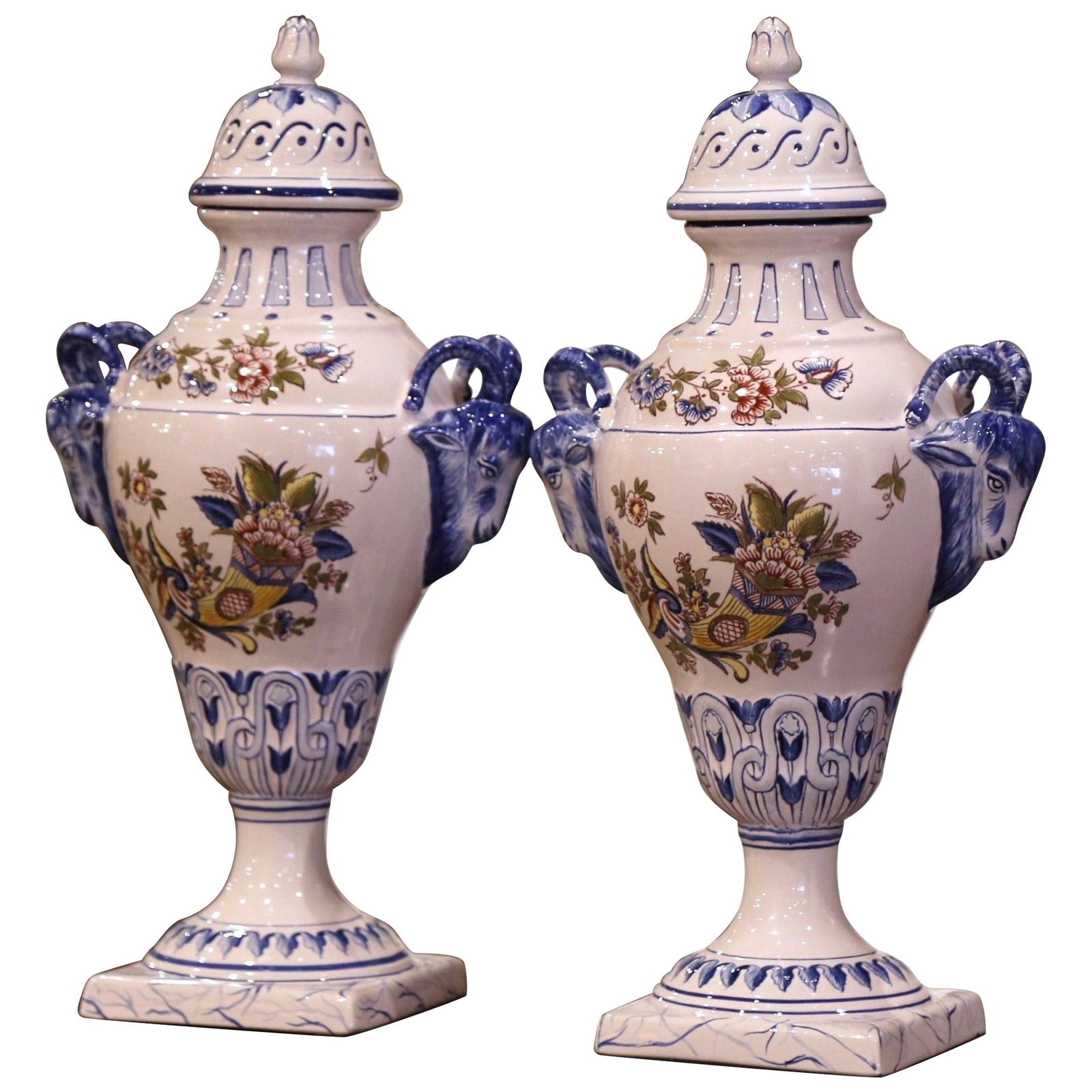 Set of 2 French Saint Clement Faience Lidded Urns Hand Painted Circa 1970: Set of 2 French Saint Clement Faience Lidded Urns Hand Painted Circa 1970 This pair of mid-century French urns from Saint Clement showcases exquisite hand-painted faience craftsmanship. Made in Lunevi