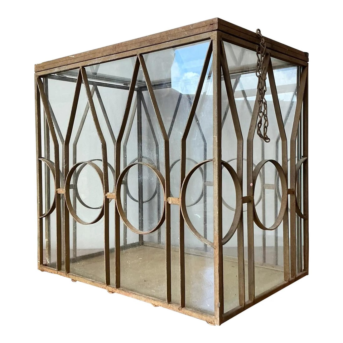 Hollywood Regency Wrought Iron and Glass Large Geometric Terrarium Lantern (1 of 7)
