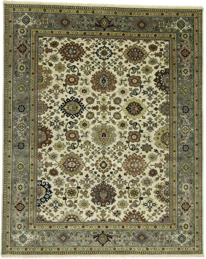 Hand-Knotted Wool Area Rug 7'11 x 9'10 Modern Geometric Pattern: Hand-Knotted Wool Area Rug 7'11 x 9'10 Modern Geometric Pattern This hand-knotted wool area rug features a geometric pattern in cream, gray, rust, golden beige, and green tones. Made in India, the rug