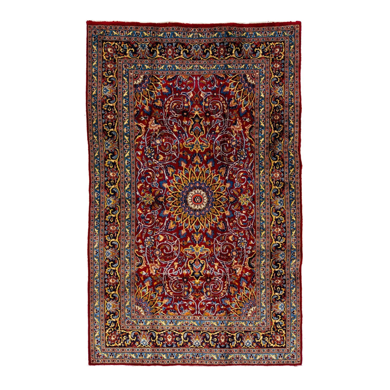 Vintage Handmade Kashan Wool Rug Red Rosette Design 6'3 x 9'11: Vintage Handmade Kashan Wool Rug Red Rosette Design 6'3 x 9'11 This exquisite vintage Persian Kashan rug is hand-knotted from high-quality wool, showcasing a striking red field adorned with multicolor