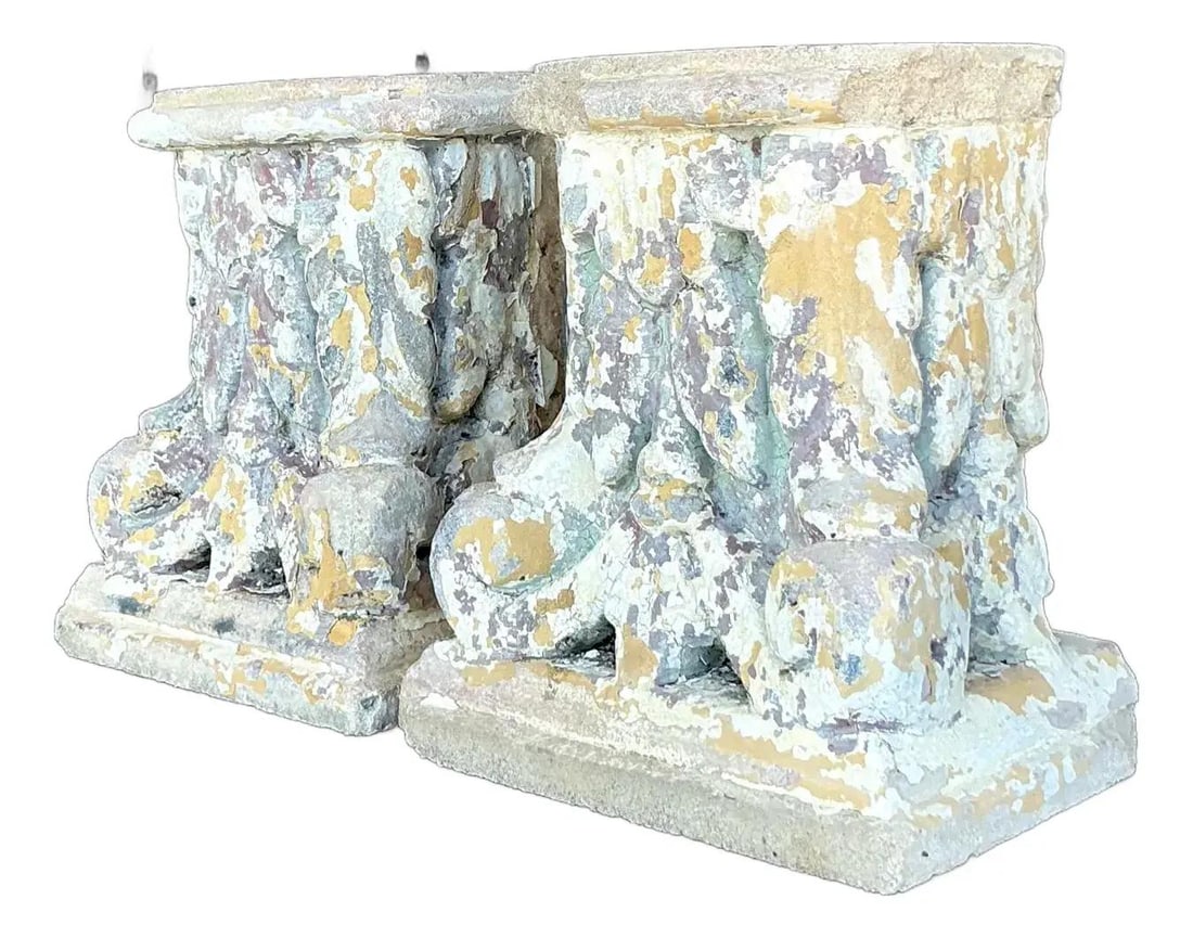 Vintage Boho Pair of Cast Concrete Column Fragments with Patina: Vintage Boho Pair of Cast Concrete Column Fragments with Patina Enhance your living space with this exquisite pair of vintage cast concrete column fragments. Each piece showcases a stunning time-worn