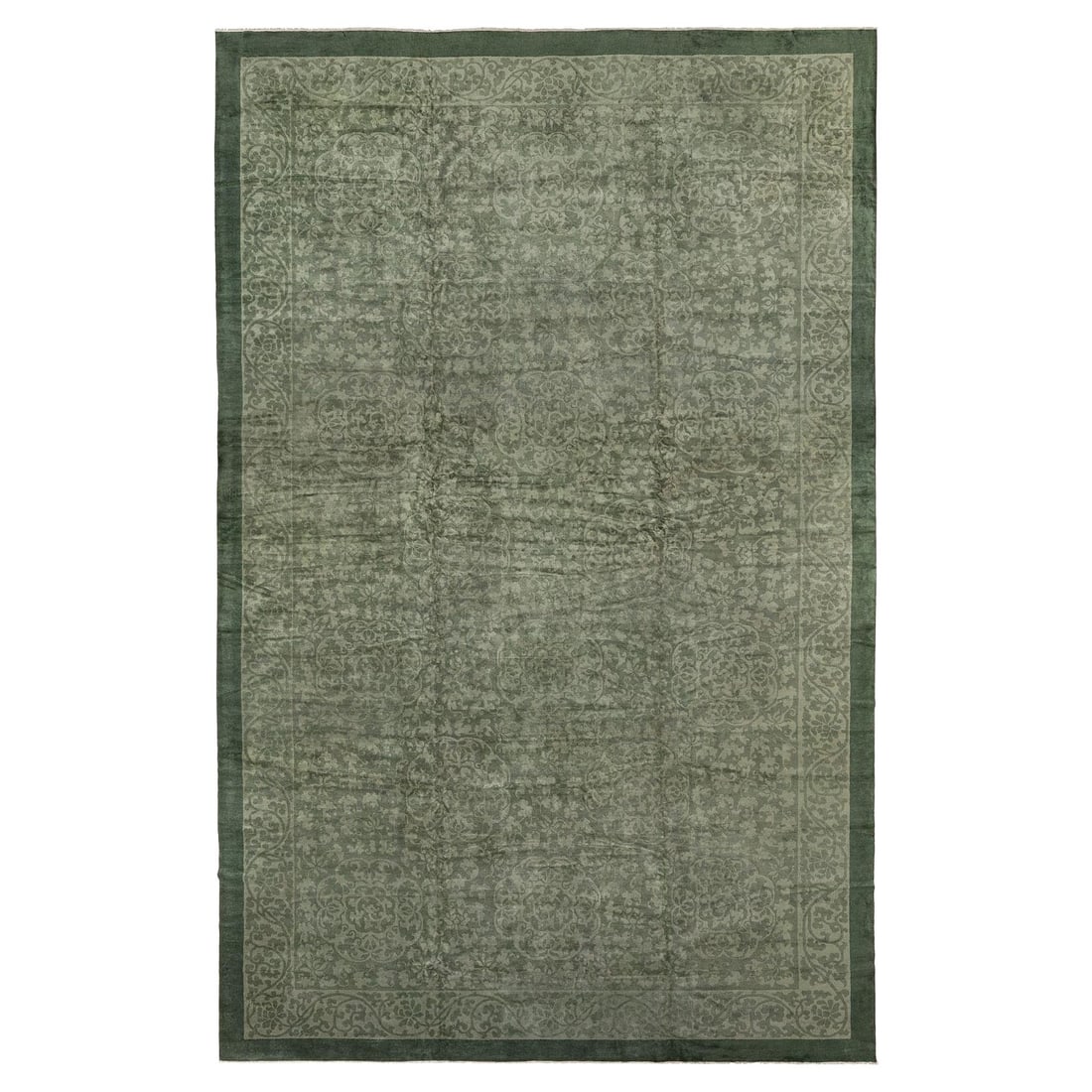 Elegant Large Antique Green Chinese Aubusson Rug Wool Hand-Woven 12'8'' x 19'5'': Elegant Large Antique Green Chinese Aubusson Rug Wool Hand-Woven 12'8'' x 19'5'' Discover this exquisite large antique green Chinese rug, attributed to the Savonnerie style and featuring an elegant al