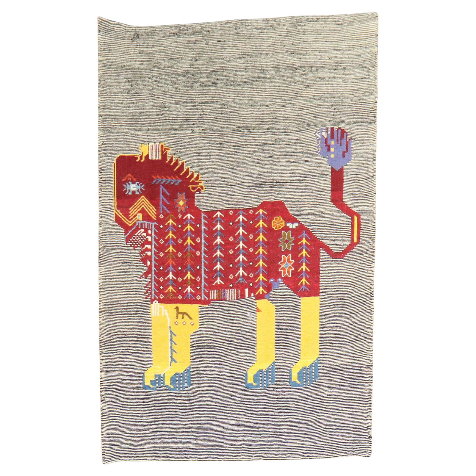 Zabihi Collection Bohemian Lion Persian Kilim Wall Hanging 38 x 51: Zabihi Collection Bohemian Lion Persian Kilim Wall Hanging 38 x 51 This exquisite small Persian Kilim wall hanging from the Zabihi Collection features a striking lion design on a vibrant striped field