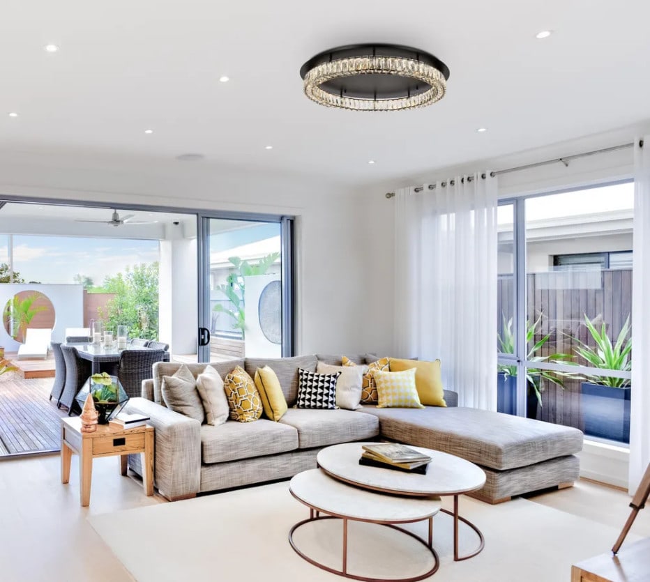 Monroe 33 Inch LED Crystal Flush Mount Chandelier in Black for Modern Interiors: Monroe 33 Inch LED Crystal Flush Mount Chandelier in Black for Modern Interiors This large flush mount chandelier features a modern black finish with integrated LED lighting. Designed for indoor use,