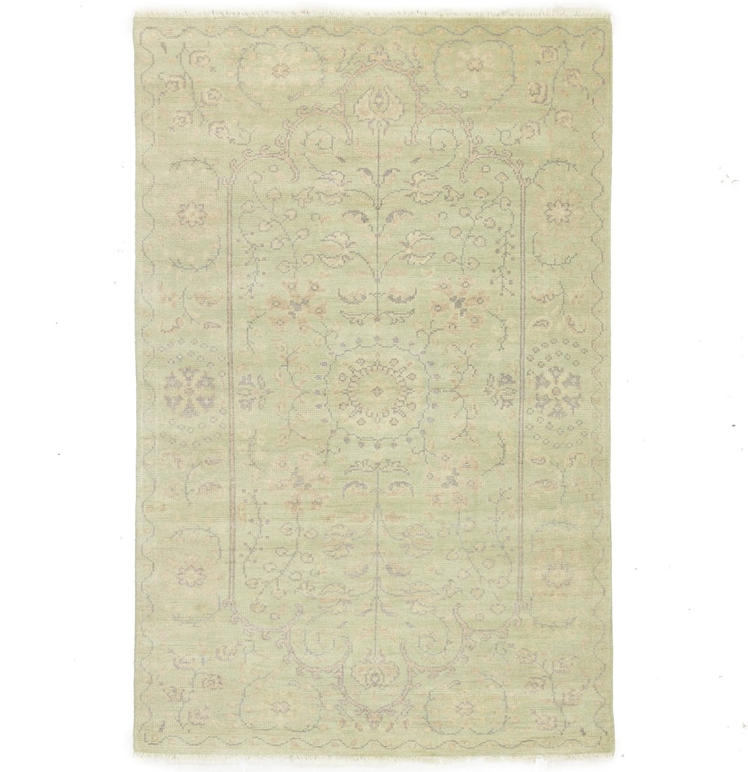 Handmade Floral Wool Area Rug 5' x 8' Light Green Modern Design: Handmade Floral Wool Area Rug 5' x 8' Light Green Modern Design Enhance your home decor with this handmade Oriental rug featuring a muted light green floral design. Measuring 5'0" x 7'11" (approximate