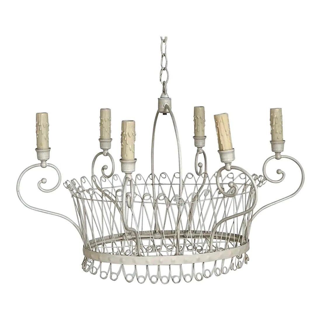 Six Arm White Wire Basket Chandelier With Vintage French Country Style: Six Arm White Wire Basket Chandelier With Vintage French Country Style This vintage Regency six-arm chandelier features a central open-wire basket design in iron, finished in crisp white paint. The ch