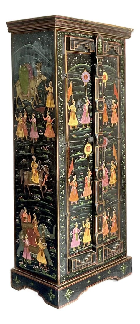 Teak Wood Cabinet with Hand Painted Indian Dance Motifs Black Finish: Teak Wood Cabinet with Hand Painted Indian Dance Motifs Black Finish This vintage hand-painted cabinet is crafted from durable teak wood and showcases traditional Indian design elements with Boho flai