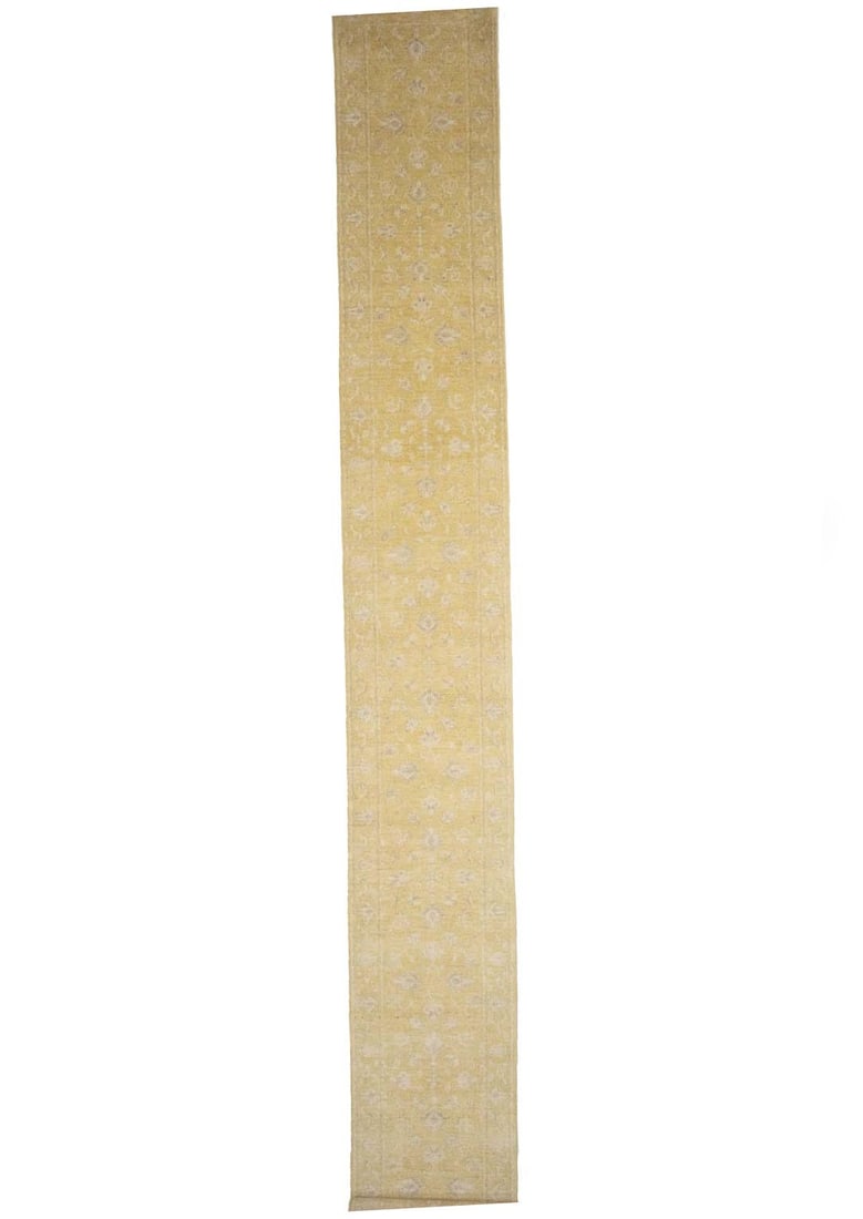 Hand-Knotted Wool Runner Rug 2'7 x 19'10 Floral Modern Hallway Carpet: Hand-Knotted Wool Runner Rug 2'7 x 19'10 Floral Modern Hallway Carpet This hand-knotted wool runner rug features a floral transitional pattern in muted tones including golden yellow, cream, and brown.