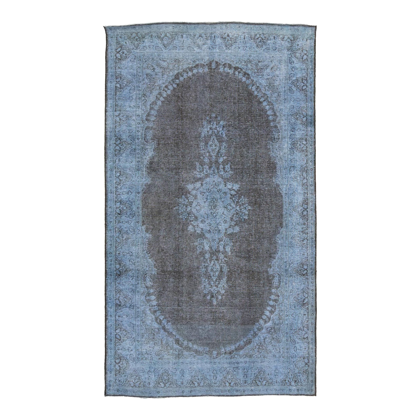 Handmade Persian Overdyed Wool Rug Blue Gray Floral 3'11 x 6'11: Handmade Persian Overdyed Wool Rug Blue Gray Floral 3'11 x 6'11 This stunning vintage overdyed Persian wool rug showcases a beautiful blue field adorned with elegant gray floral accents, creating a ca