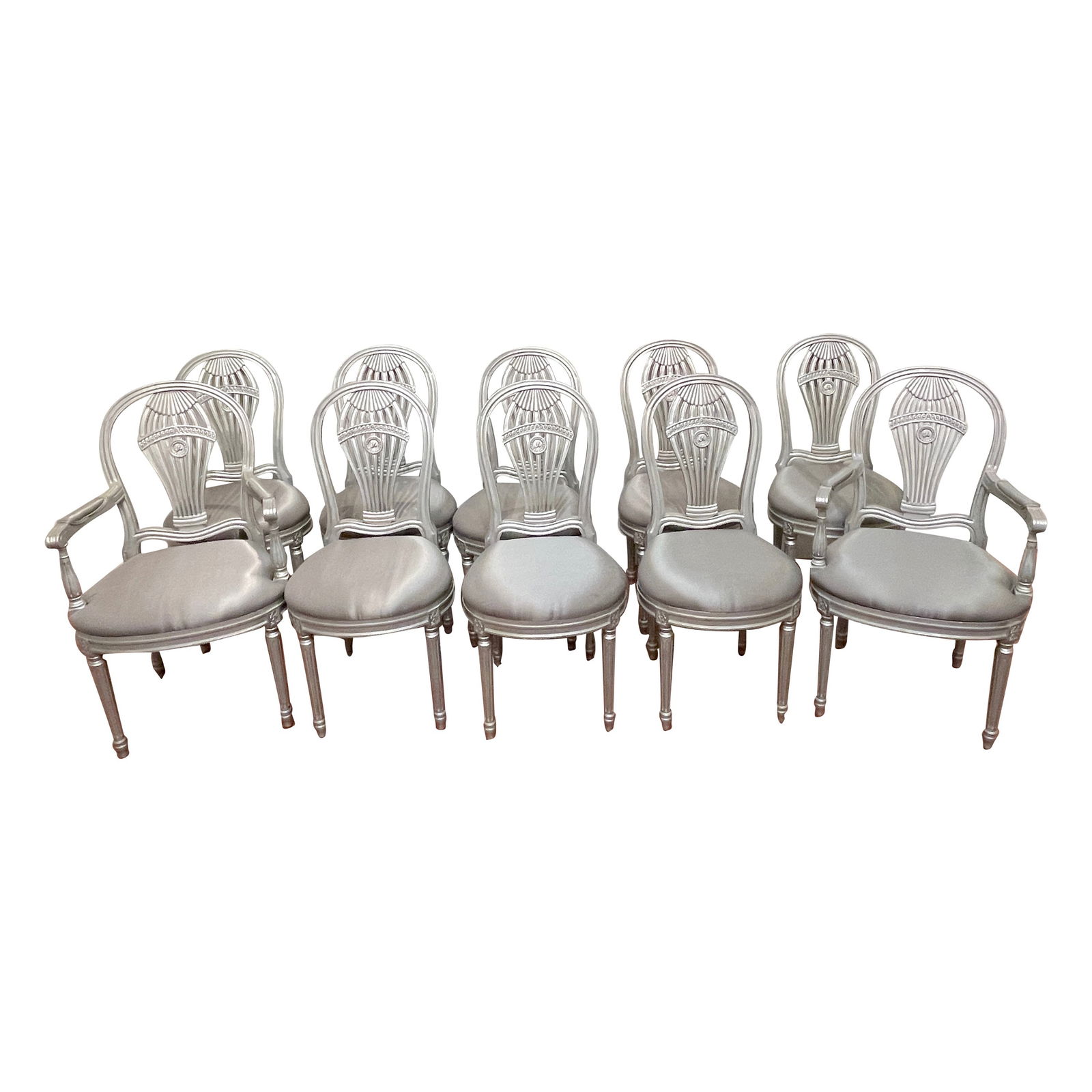 Set of 10 Maison Jansen Style Silverleaf Montgolfier Dining Chairs: Set of 10 Maison Jansen Style Silverleaf Montgolfier Dining Chairs Enhance your dining experience with this exquisite set of ten Maison Jansen Style Silverleaf 'Montgolfier' Hot-Air Balloon Dining Cha