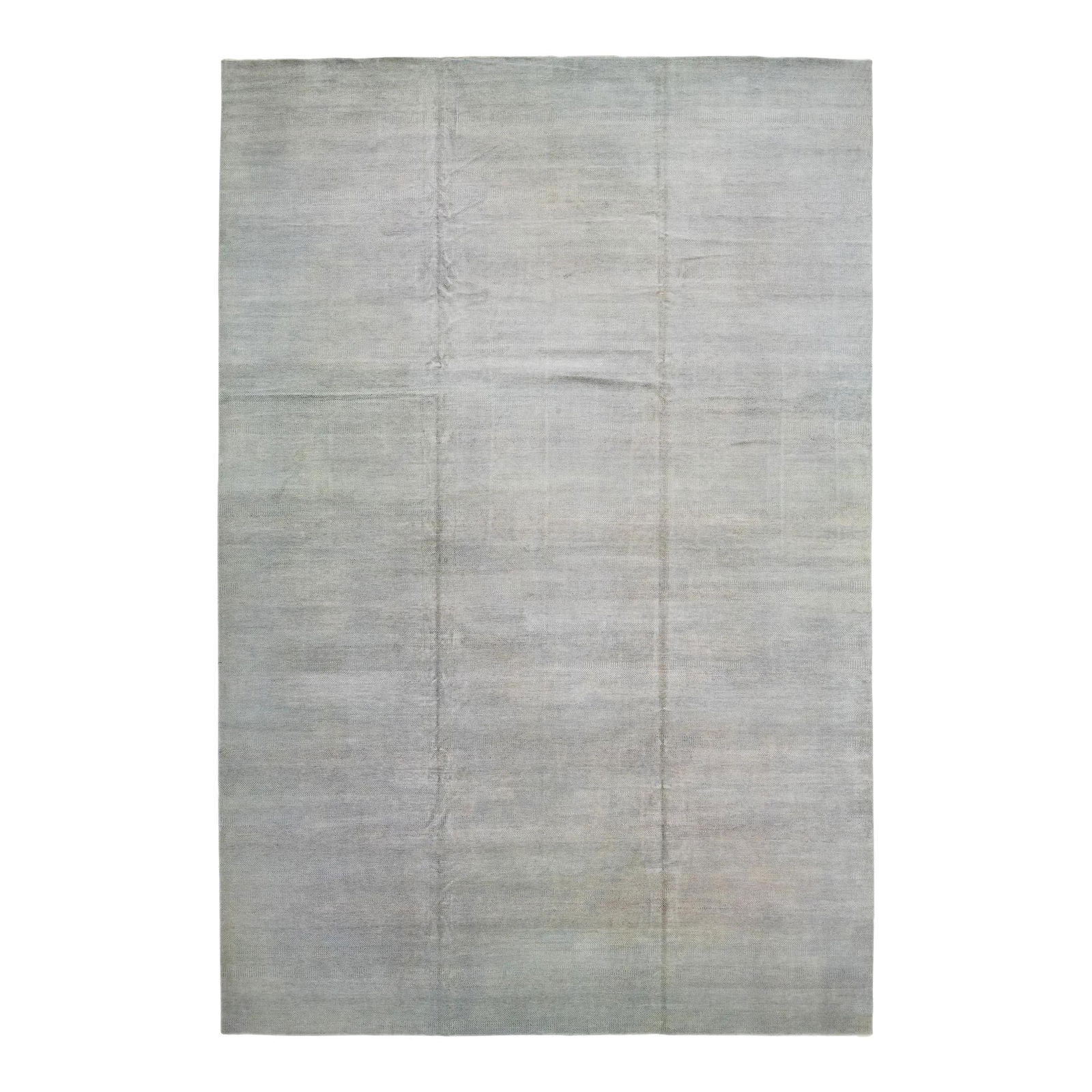 Handmade Gray Wool Rug 15'10 x 23'9 Geometric Design: Handmade Gray Wool Rug 15'10 x 23'9 Geometric Design Transform your living space with this elegant hand-knotted wool rug, featuring a contemporary design that showcases a meticulously crafted gray fie
